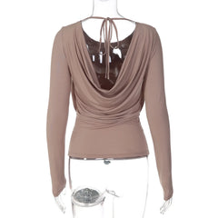 Boat Neck Long Sleeve Draped Back Tie-Up Top