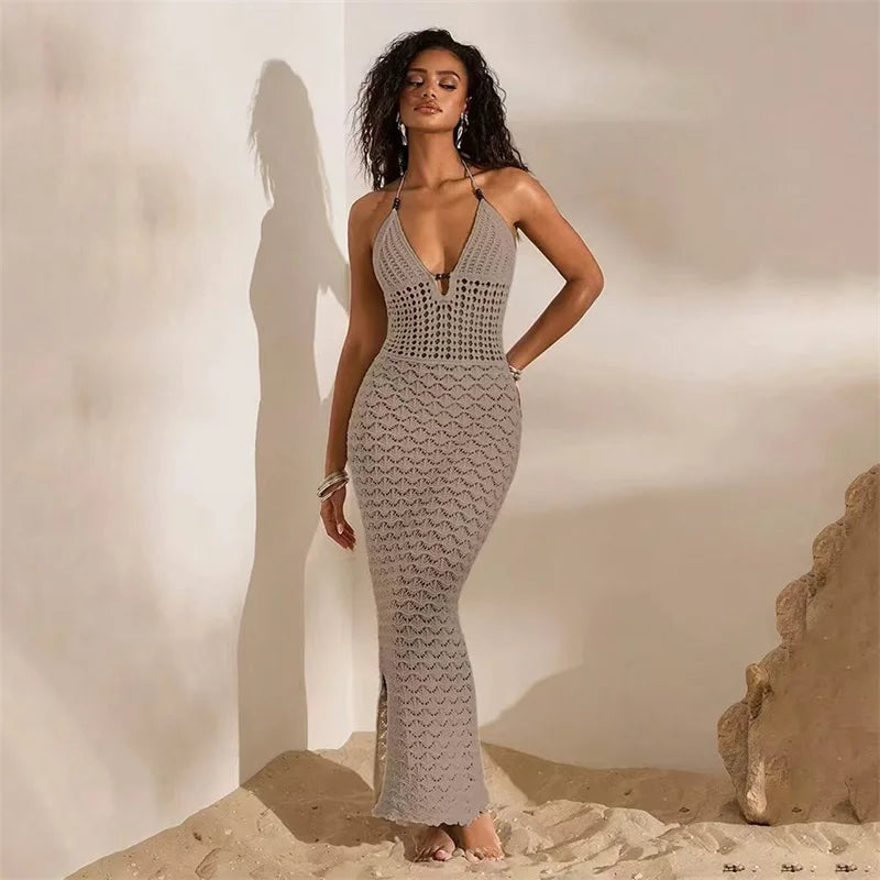 Beige crochet knit halter neck maxi dress