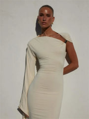 White One Shoulder Twisted Sleeve Midi Dress