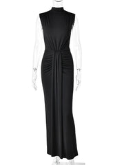 Mock Neck Sleeveless Ruched Detailing Maxi Dress