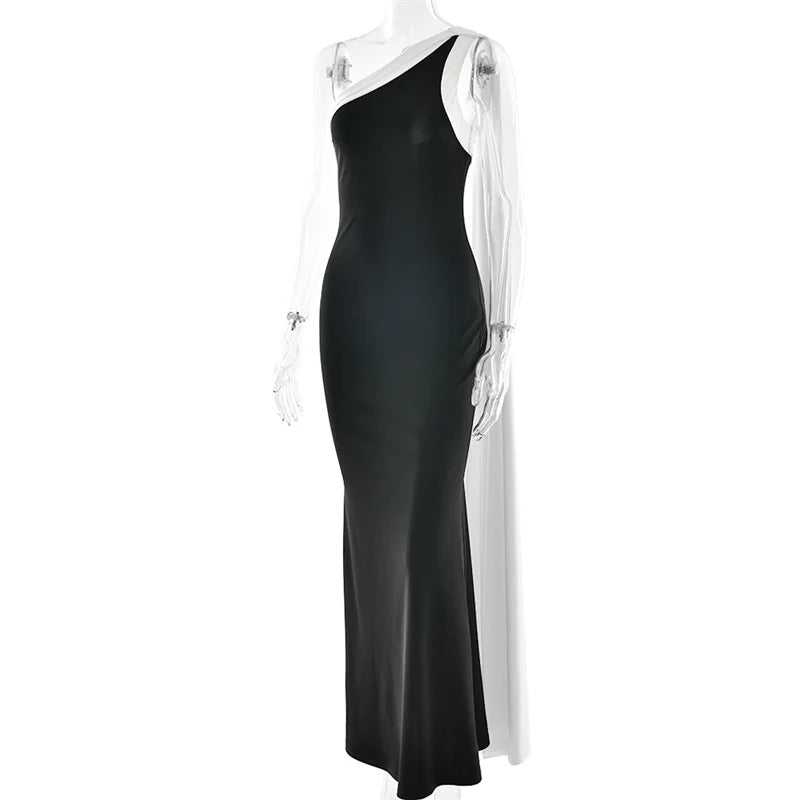 Black one-shoulder dress on a mannequin against a white background