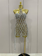 High Choker Neck Diamond Mesh Mini Dress
