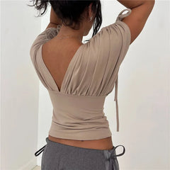 Ruched Drawstring Sleeve Deep V Neck Top