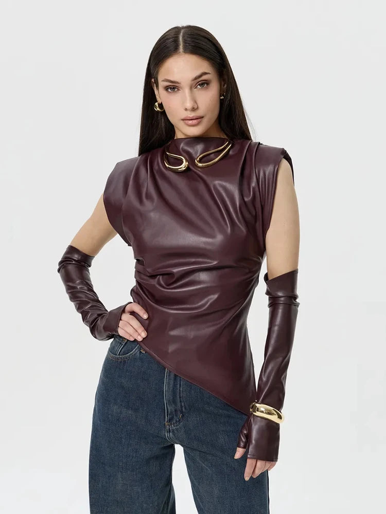 Faux Leather Folds Crop Tops With Gloves