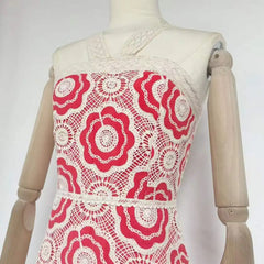 Close-up of floral crochet halter maxi dress neckline
