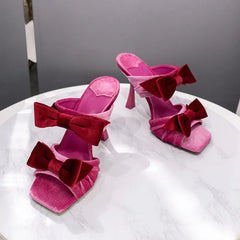 Pink Velvet Bow Stiletto Mules
