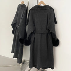 Fur Trim Belted Wool Blend Coat