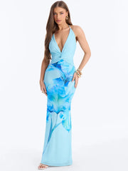 Blue floral print halter neck maxi dress