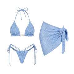 Blue Crocheted Hooded Swim Cover up and Bikini Set