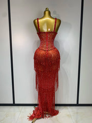 Rhinestone Fringe Bodycon Long Dress
