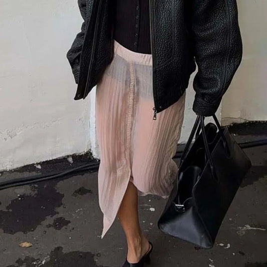 Sheer pleated slit midi skirt