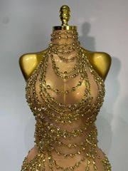 Chain Embellished Halter Mesh Gown