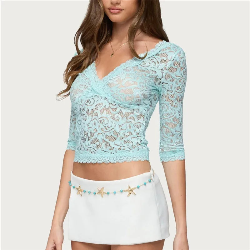 Blue lace v-neck 3/4 sleeve crop top