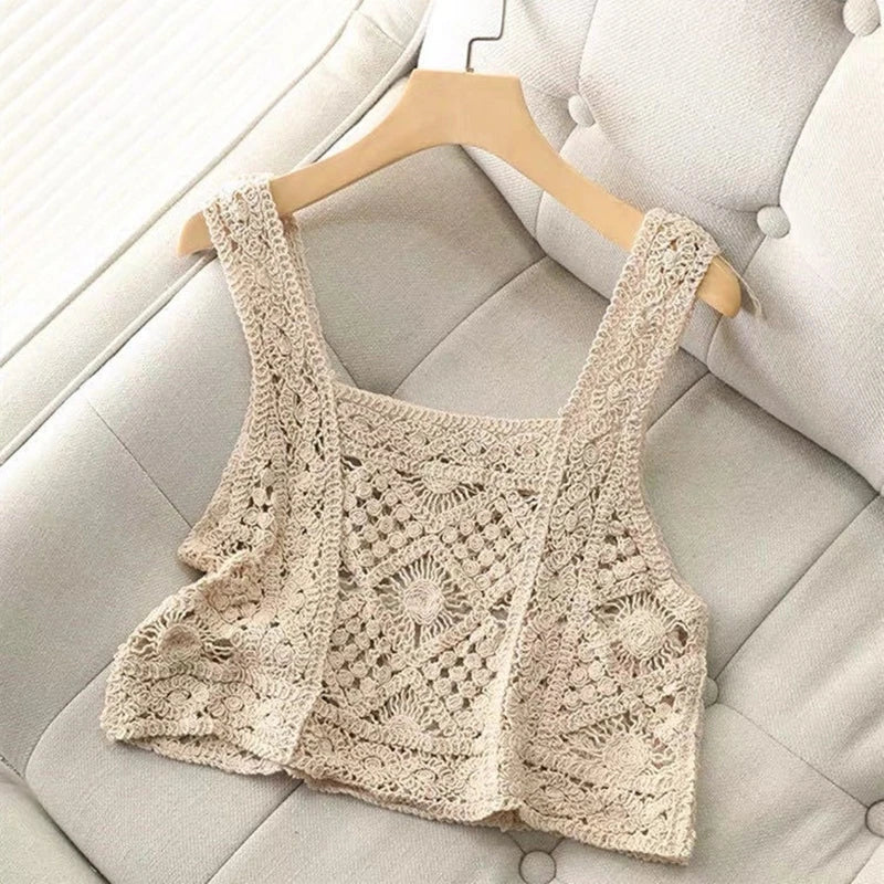 Crochet Hollow Out Geometry Floral Pattern Knitted Vest Top