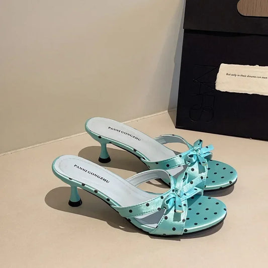 Polka dot bow kitten heel mules in light blue with black dots