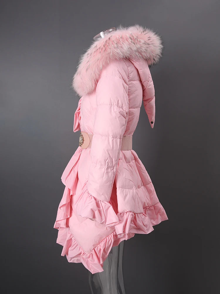 Pink puffer coat with fur hood on a dark background