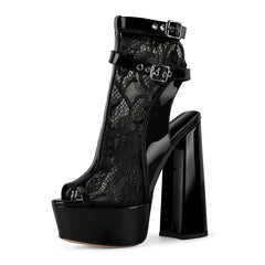 Black lace peep toe platform block heel boots with buckle straps