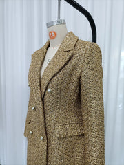 Gold Pearl Button Tweed Double Breasted Long Coat
