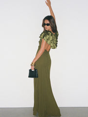 Tiered Shawl Neck Olive Green Maxi Dress