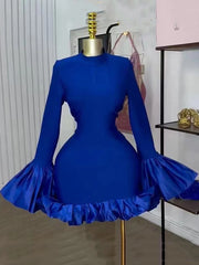 Blue Half High Collar Trumpet Sleeve Ruffle Mini Dress