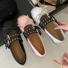 Silk Ballet Flats with Butterfly-Knot and Buckle Straps
