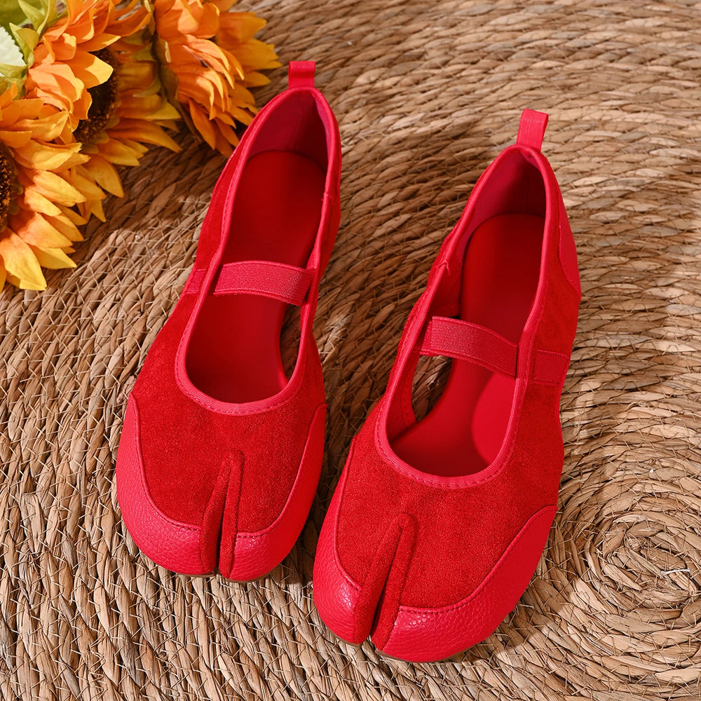 Red split toe ballet flats with Mary Jane strap