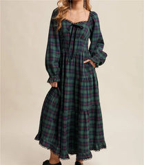 Green plaid square neck maxi dress with long puff sleeves and pockets
