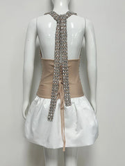 Crystal Embellished Halter White Pleated Hem Mini Dress