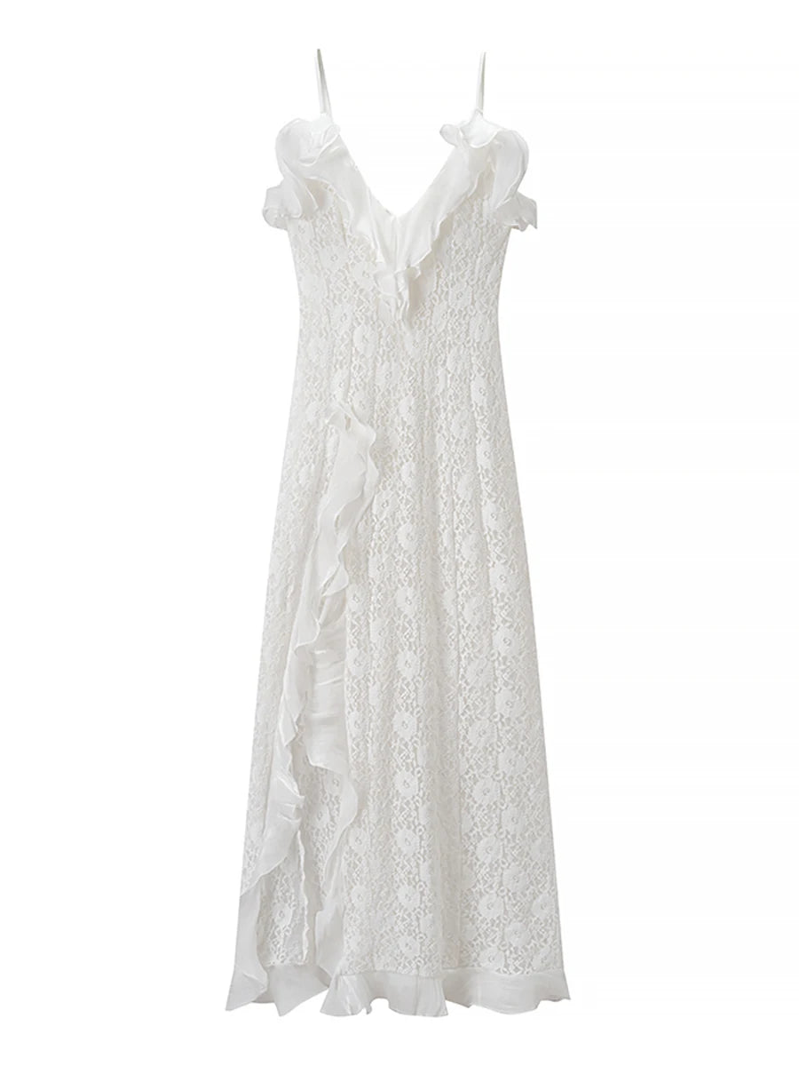 White lace dress with ruffled straps on a white background