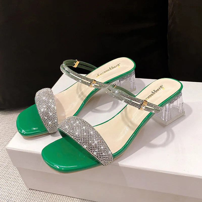 Thick Middle Heel Rhinestone Square Toe Sandals