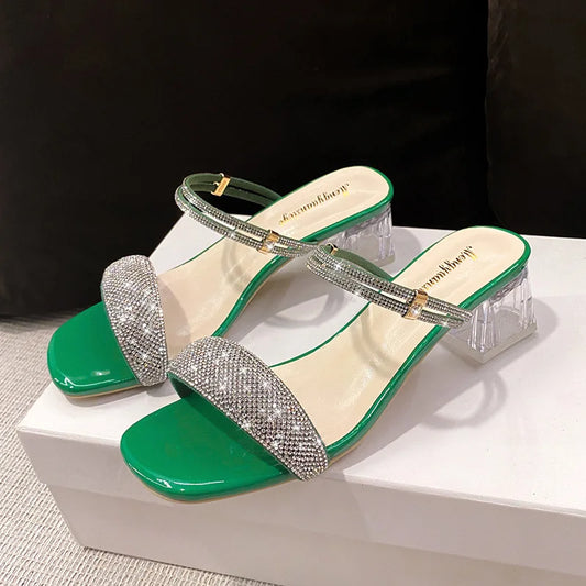 Thick Middle Heel Rhinestone Square Toe Sandals