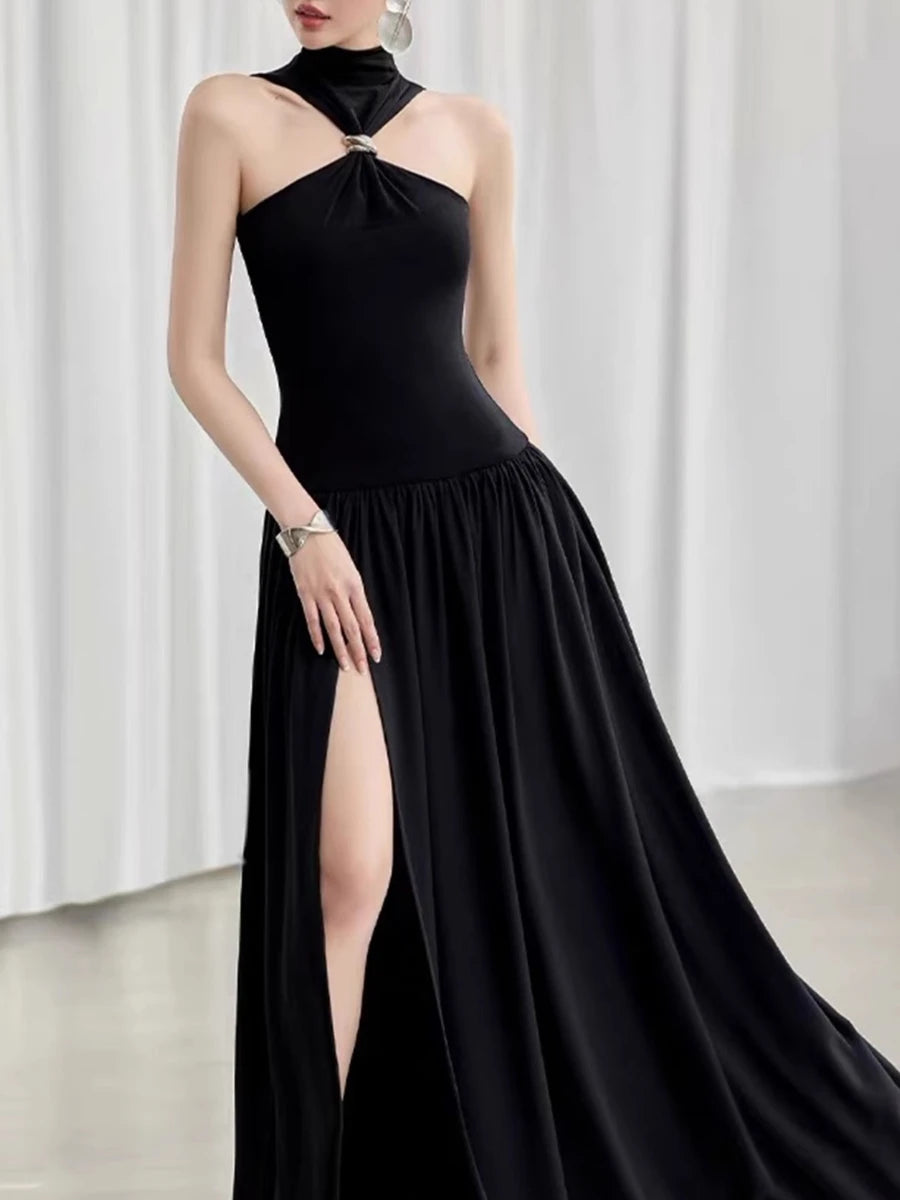 Black evening gown with a high slit