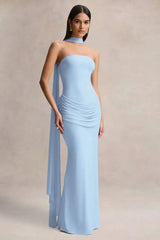 Strapless Choker Neck Gathered Waist Maxi Dress