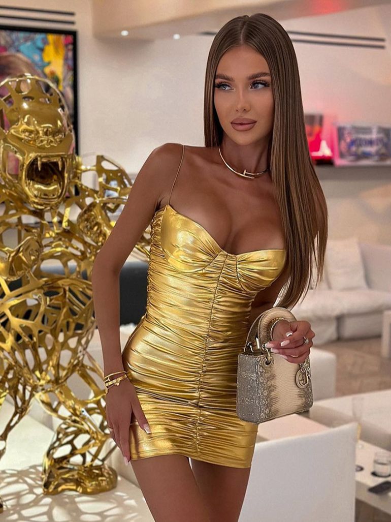 Women's Spaghetti Strap Gold Pleated Mini Dress