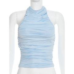 Blue Ruched Halter Neck Sleeveless Top