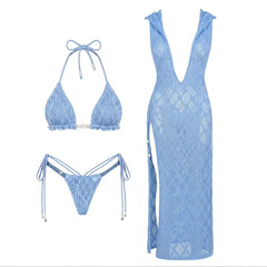 Blue Crocheted Hooded Swim Cover up and Bikini Set