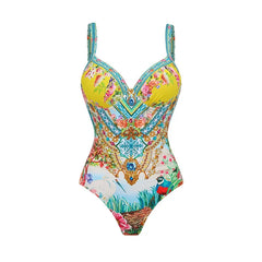 Yellow Print Ruffle Strap Swimwear Set