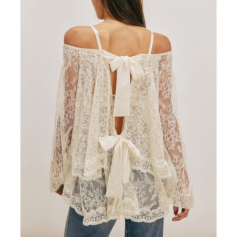 White lace off-shoulder blouse with back bow detail