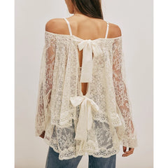 White lace off-shoulder blouse with back bow detail