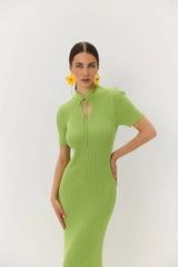 Woman wearing a green knitted dress against a white background