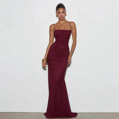 Strappy ruched column maxi dress in burgundy