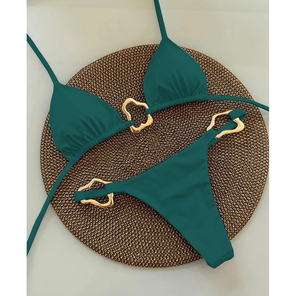 Teal solid color bikini with gold ring detail