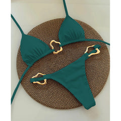 Teal solid color bikini with gold ring detail