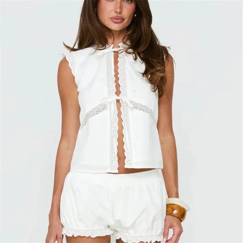 Eyelet lace tie front sleeveless top back