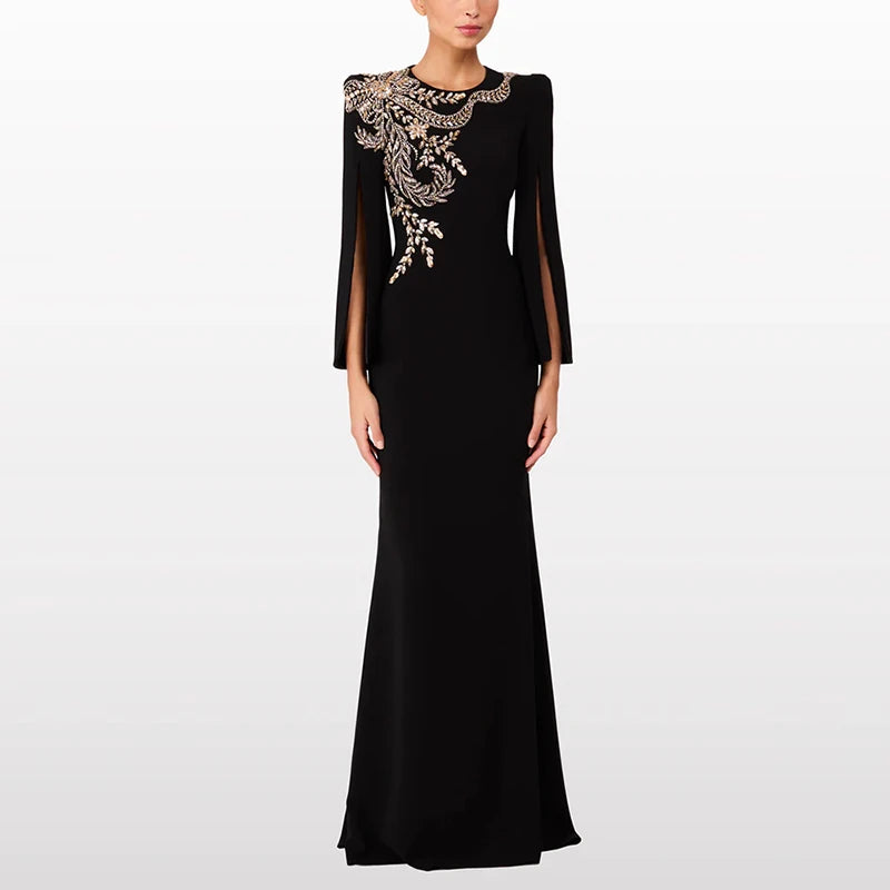 Black slit sleeve beaded O-neck maxi dress