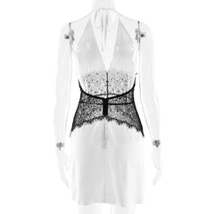 White Satin Lace Trim Waist Halter Mini Dress