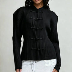 Mandarin collar pleated top in black