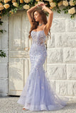 Lavender Open Back Mermaid Lace Embroidery Tulle Prom Dress