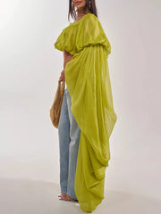 Lime green draped puff sleeve square neck crop top side view