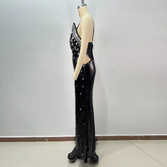 Diamond Embellished Sequin Evening Dress